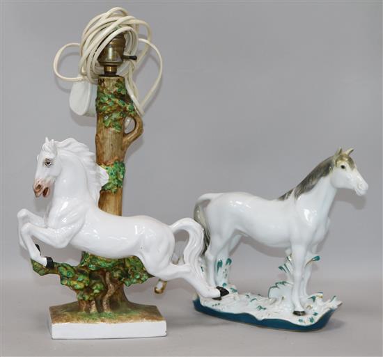 An EPNS porcelain horse and a similar lamp